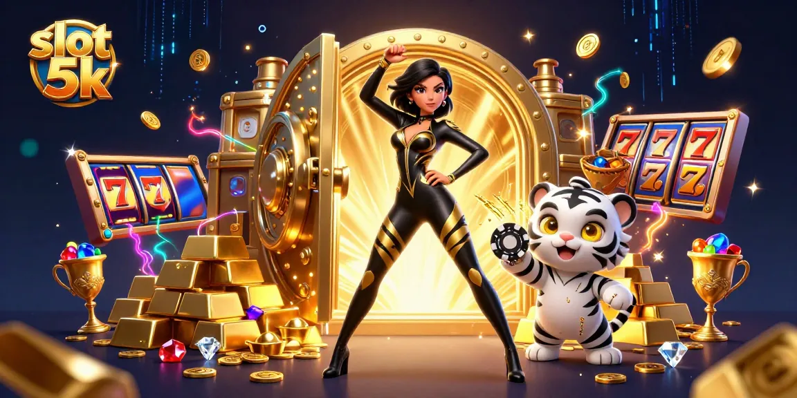 Play exciting slot 5k games with vibrant visuals of riches, a captivating character, and animated casino elements.