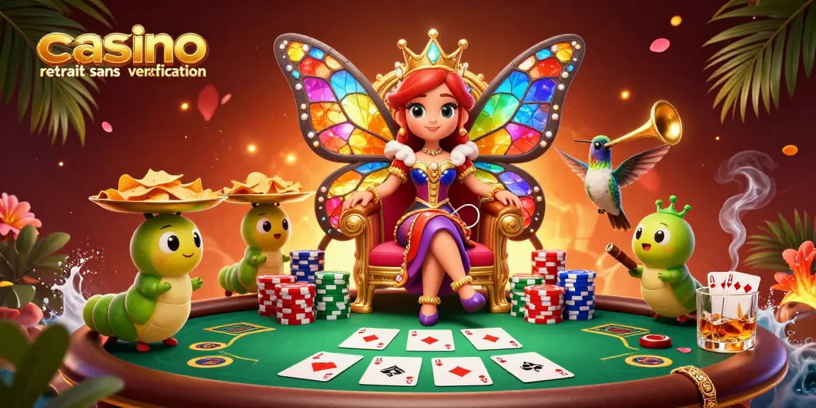 Découvrez l'univers coloré du casino retrait sans vérification avec une reine papillon et des jetons d'or.