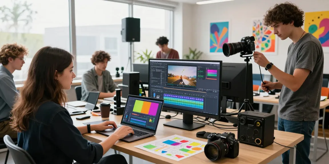 Engaging scene showing a team collaborating in a creative video editing and animation course with modern equipment and vibrant atmosphere.