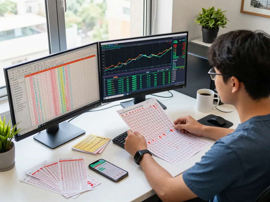Data HK analysis workspace with lottery outputs on screens and notes.