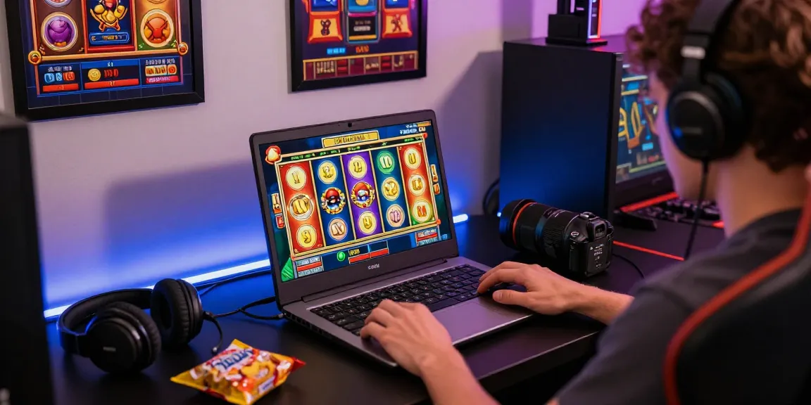 Engaged player enjoying a slot game on a laptop, showcasing vibrant graphics and gaming setup.