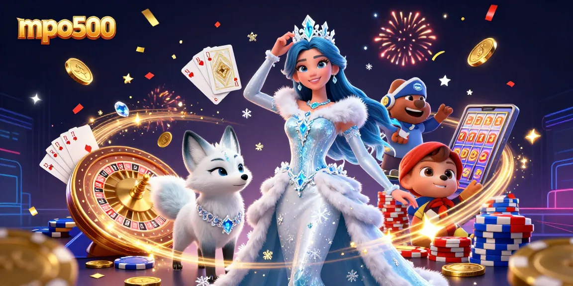 Experience the thrill of mpo500 with dazzling casino elements and a captivating ice queen amid golden coins and sparkling gems.