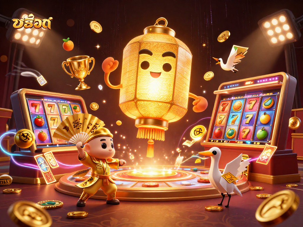 Engage with สล็อต in a vibrant 3D casino scene featuring lucky symbols, slot reels, and animated characters.