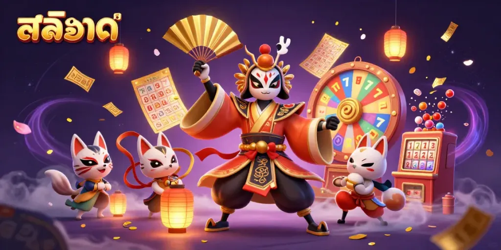 Engage with exciting สล็อต action featuring kabuki warrior and lucky symbols surrounded by vibrant casino elements.