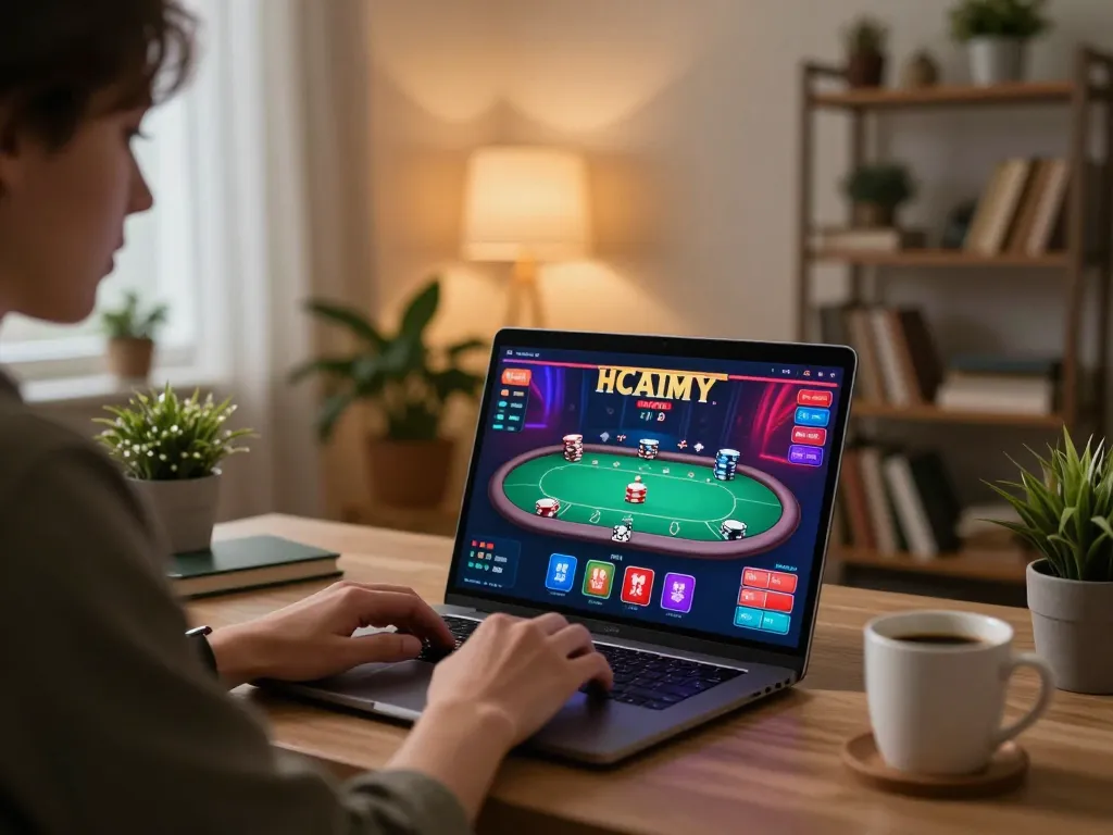 Player enjoying online poker on 888top com in a cozy home office setting, showcasing interactive gaming experience.