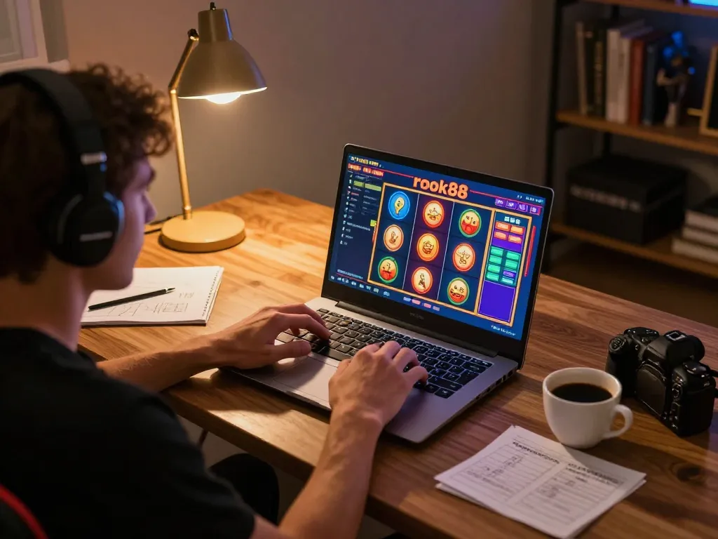 Engaging scene of a player enjoying rokok88 slot on a laptop, highlighting strategic home gaming