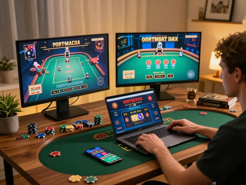 Player engaging in online gambling on a laptop while using the 98 win casino app on smartphone