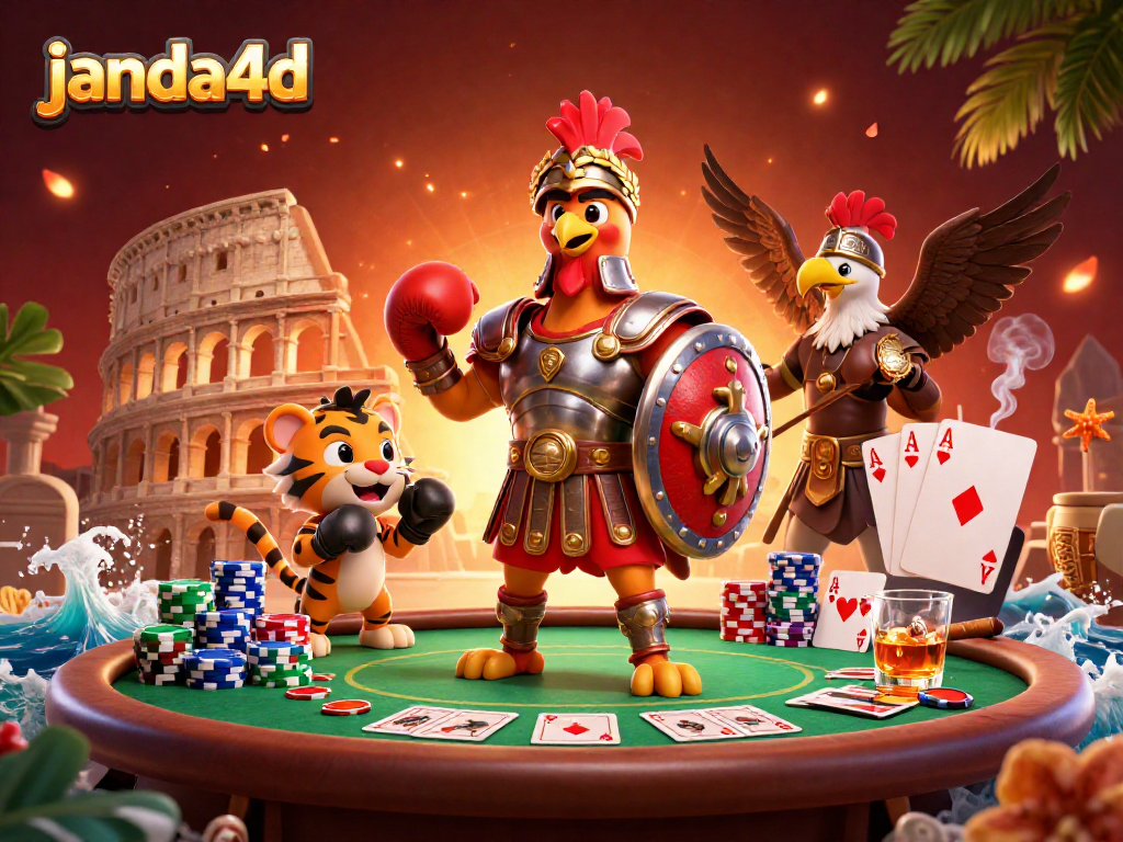 Janda4d menghadirkan ilustrasi kolosal dengan gladiator ayam dan arena pertarungan yang seru.