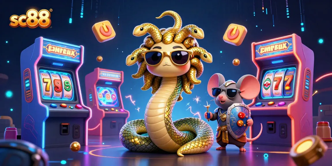 Spin the lucky reels of sc88 with Medusa and a warrior mouse in vibrant arcade style.