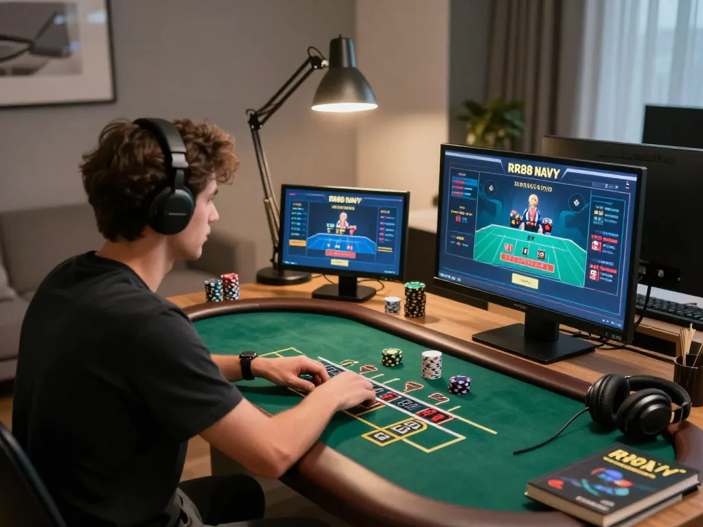 Intense player engaging in live dealer blackjack at home, showcasing RR88 NAVY online gaming experience.