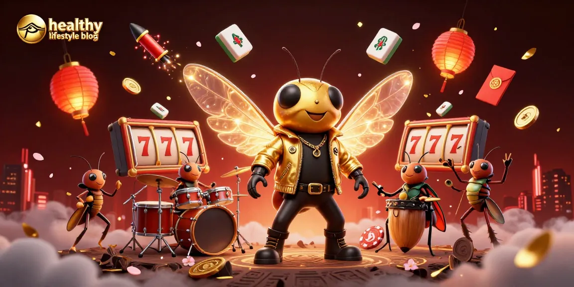 Engage in luck with a vibrant scene from a healthy lifestyle blog featuring a cicada rock star and casino excitement.