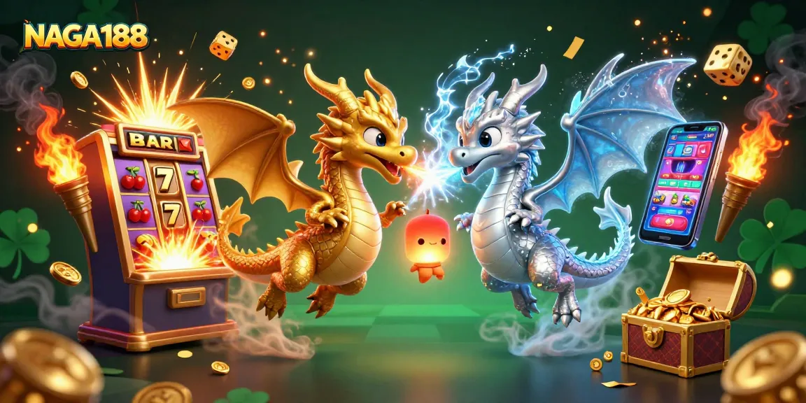 NAGA188 menampilkan lukisan digital 3D dari dua naga bersaudara bersatu dalam terbang, dikelilingi mesin slot dan elemen kasino.