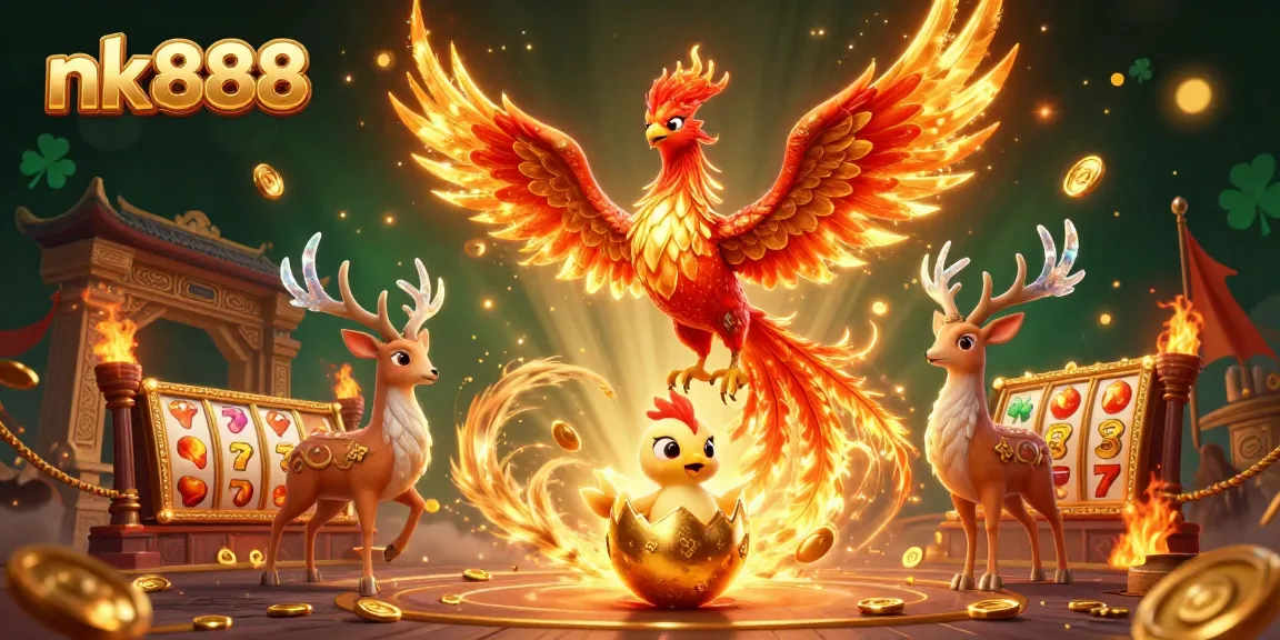 Engage with nk888 in a dynamic casino scene featuring a phoenix and vibrant slot elements.