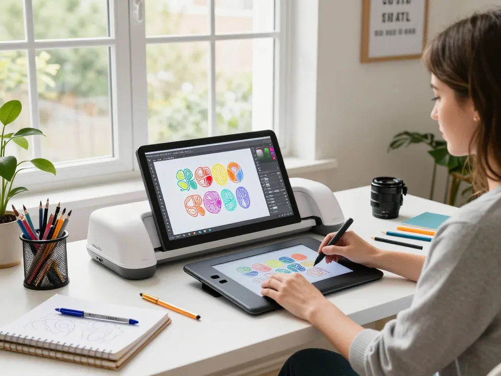 Designer crafting intricate SVG files at a modern workspace with colorful designs for Cricut projects.