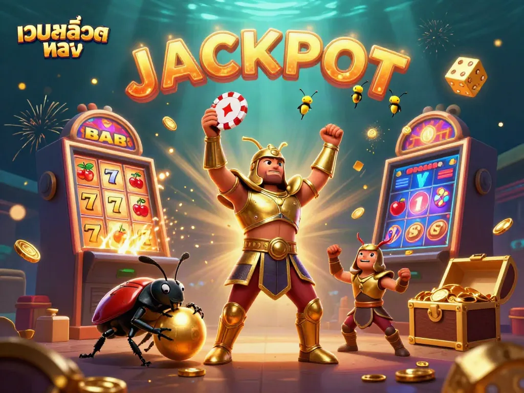 เกมสล็อตออนไลน์ แสดงเจ้าฝูงแมลงขันในชุดเกราะทองคำถือชิปโป๊กเกอร์ ข้างๆมีแมลงปีกแข็งกลิ้งลูกบอลทอง