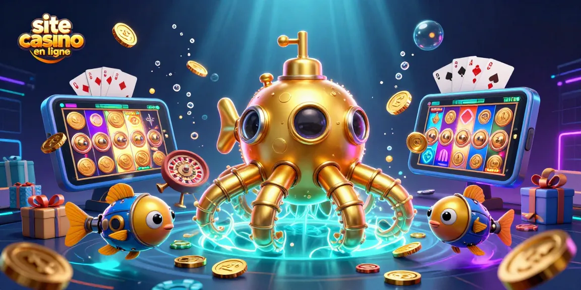 Plongez dans l'expérience du site casino en ligne avec un kraken doré et des poissons mécaniques au milieu des pièces d'or.