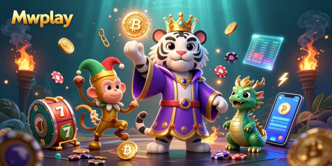 Engage with Mwplay's vibrant casino gaming, featuring a royal tiger, playful monkey, and jade dragon amidst colorful slots and crypto elements.
