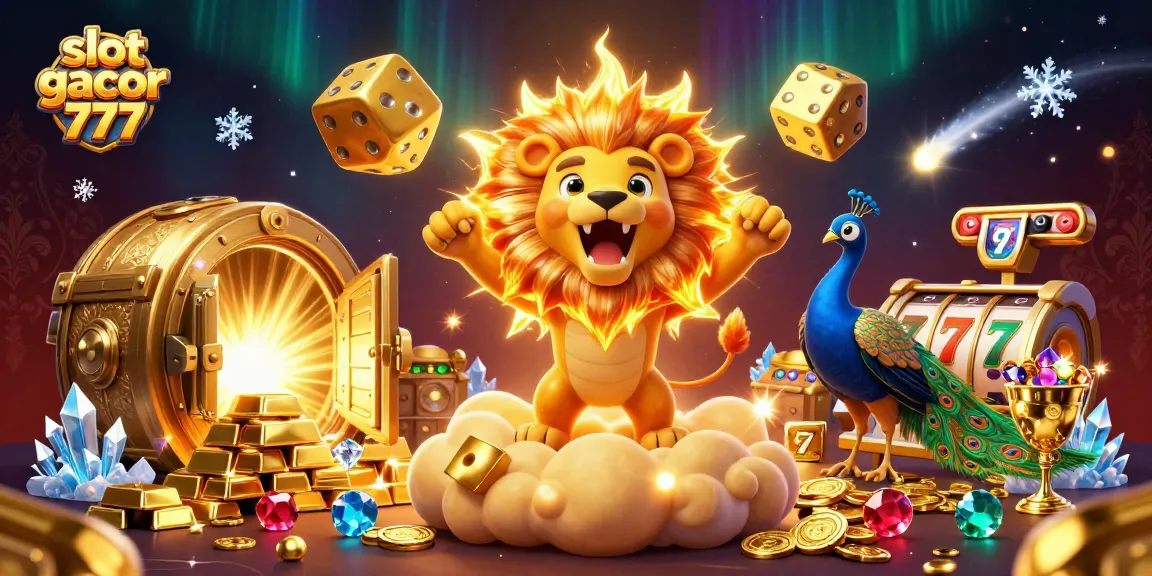 Engage with slot gacor 777 in this vibrant scene of victory and wealth, featuring a roaring lion and golden treasures.