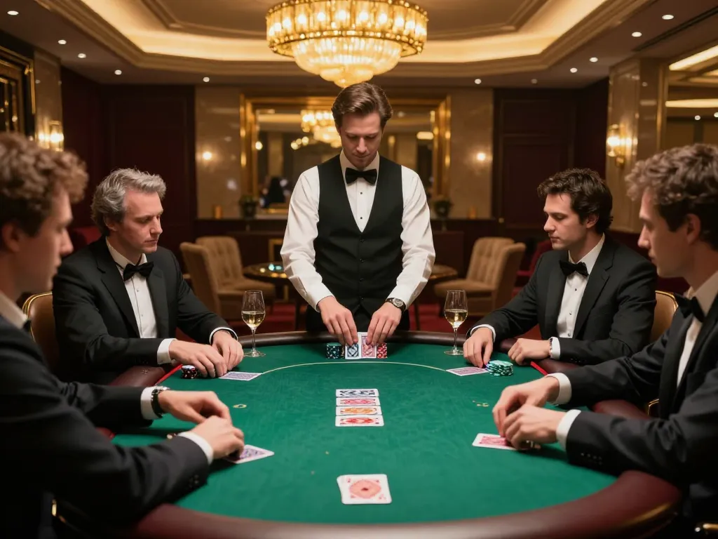 Các người chơi poker của Luckywin đang xây dựng chiến lược cho bước đi tiếp theo trong một casino sang trọng
