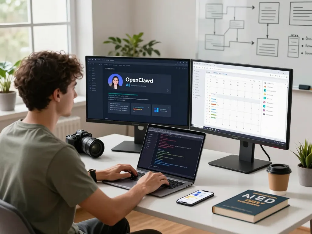 Developer using clawbot AI assistant in a modern home office setup with multiple screens and programming tools.