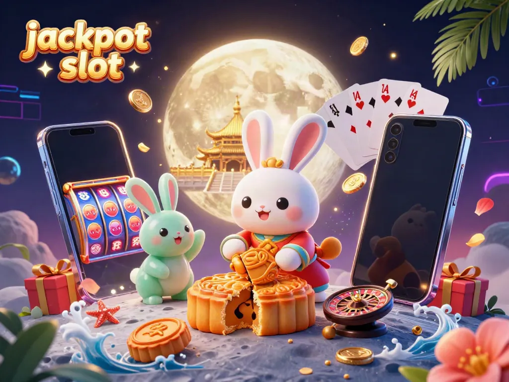 Spin the jackpot slot reels with a whimsical lunar-themed illustration featuring a moon rabbit and poker chips.