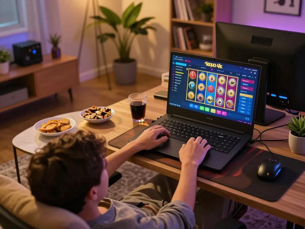 Engaging in exciting slot depo 4k gameplay on a laptop, showcasing vibrant winnings.