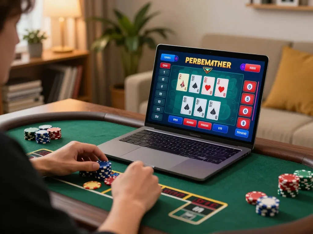 RR88 gamer engaging in live casino action from home with strategic focus.