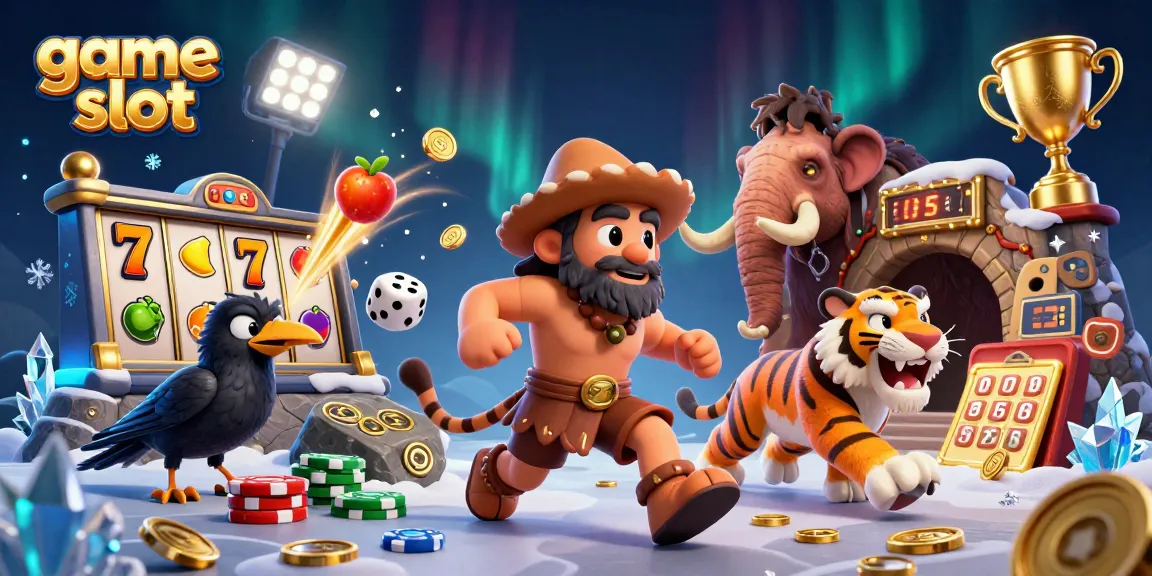 Play engaging game slot with a vibrant prehistoric casino scene featuring animated characters and mesmerizing effects.