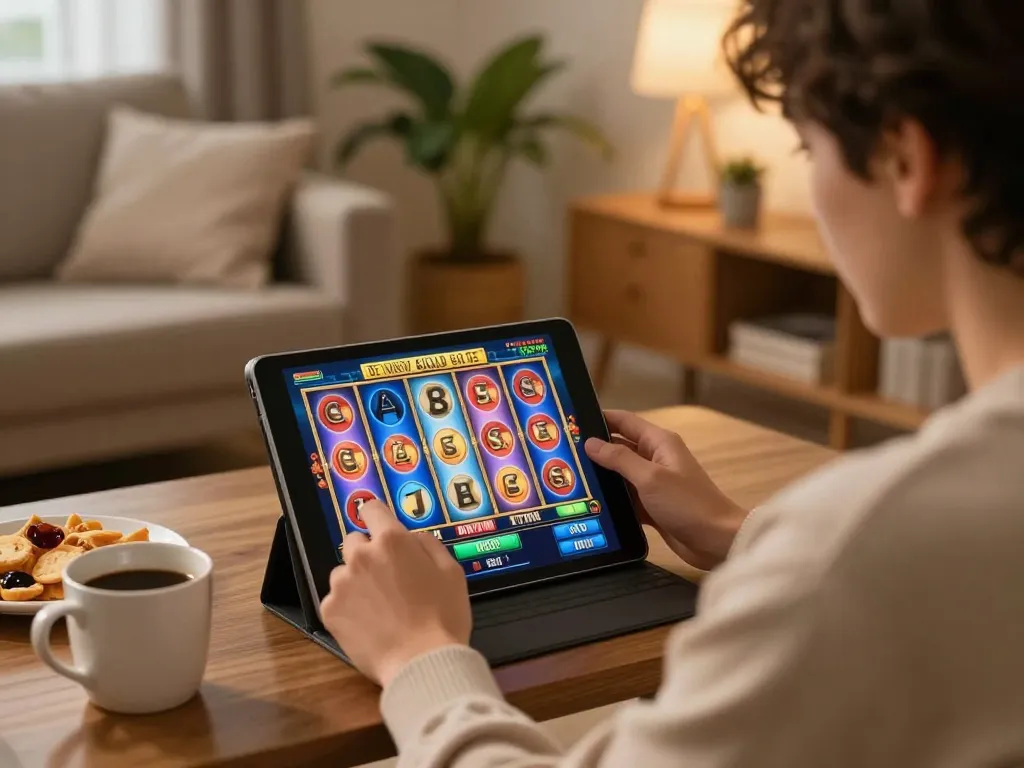 Player enjoying a thrilling slot777 experience on a tablet amidst a cozy home setting.