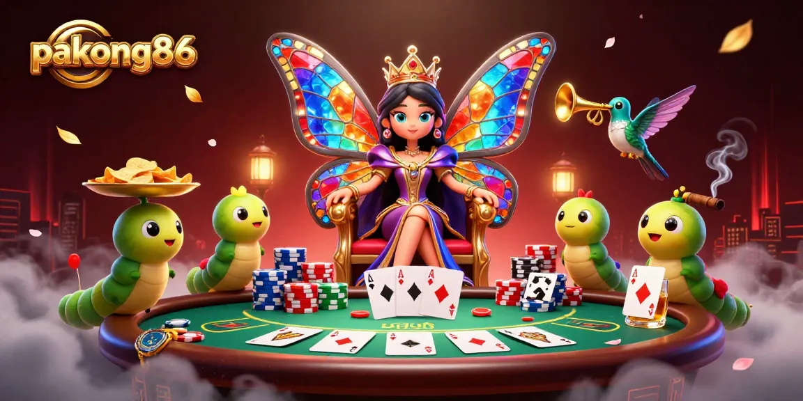 Pakong86 illuminates thrilling poker action with a vibrant butterfly queen and chip-bearing caterpillar servants.