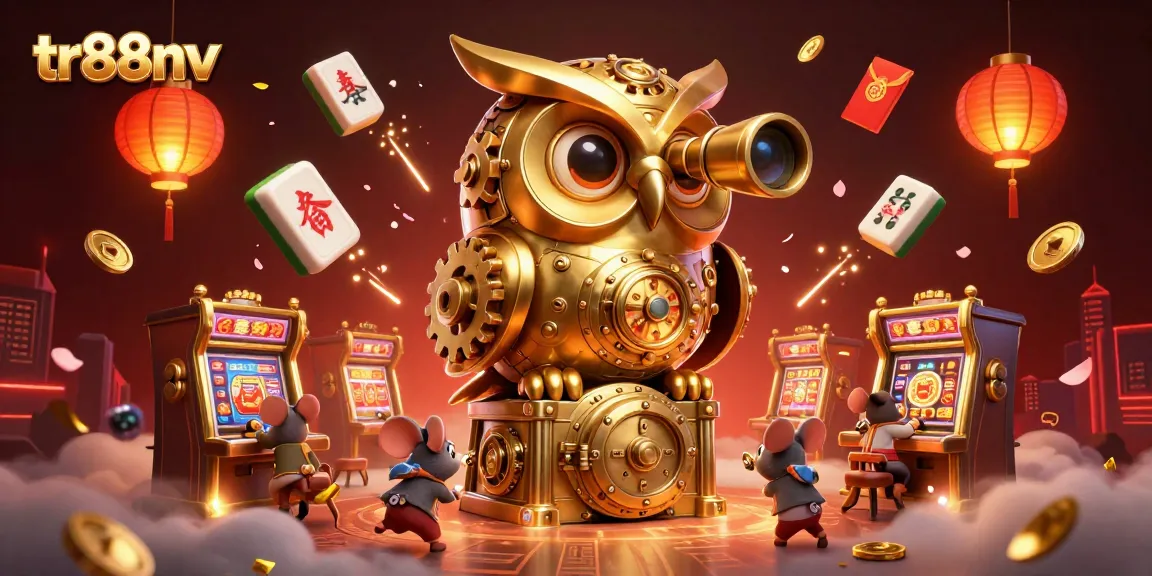 Tr88nv showcases a vibrant casino scene with a golden owl and gambling symbols.