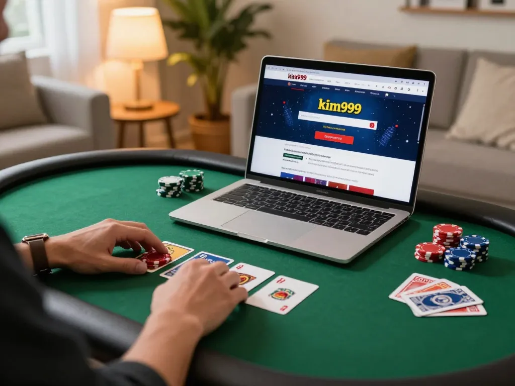 Player engaging with kim999 online casino on laptop amid poker chips in cozy home setting