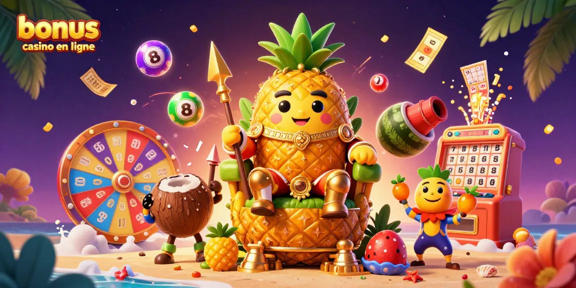 Bonus casino en ligne : Illustration 3D dynamique de jeu avec roi ananas et effets riches