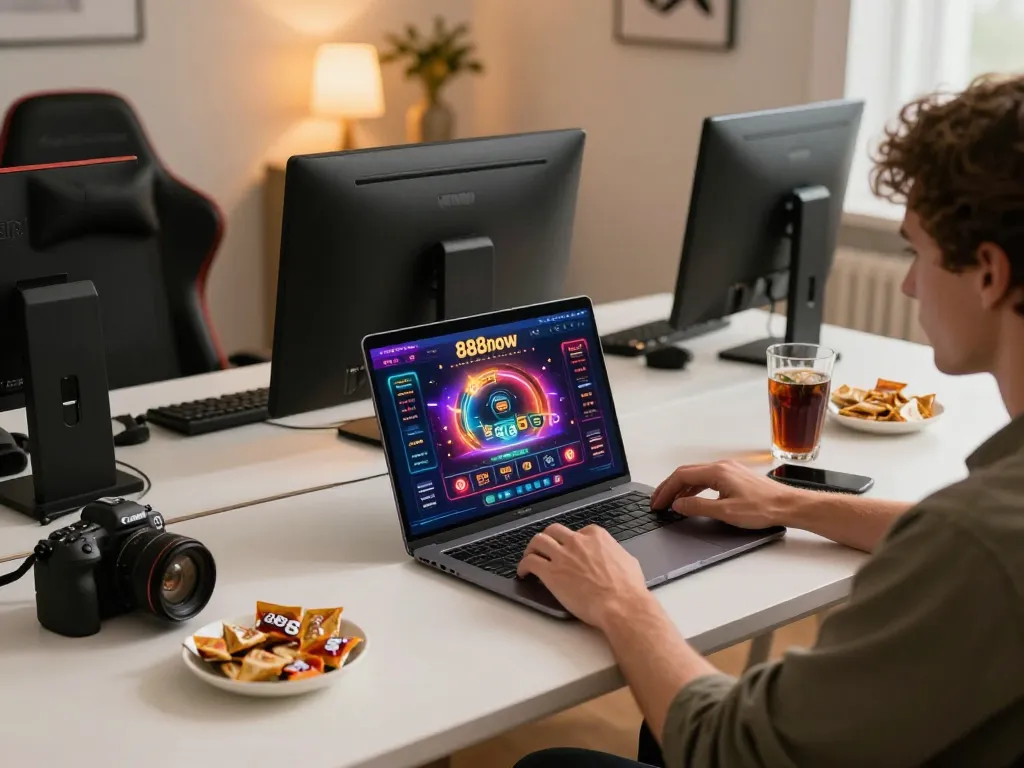 Person engaging in online gaming with 888now on a laptop, showcasing a responsible and fun gambling environment.