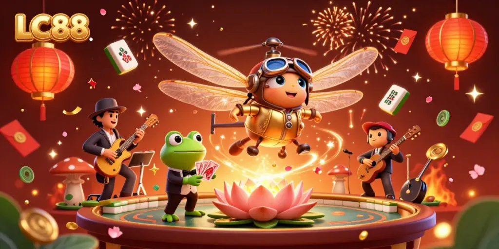 Experience the vibrant atmosphere of LC88 casino with a dynamic scene featuring a dragonfly pilot and a frog croupier.