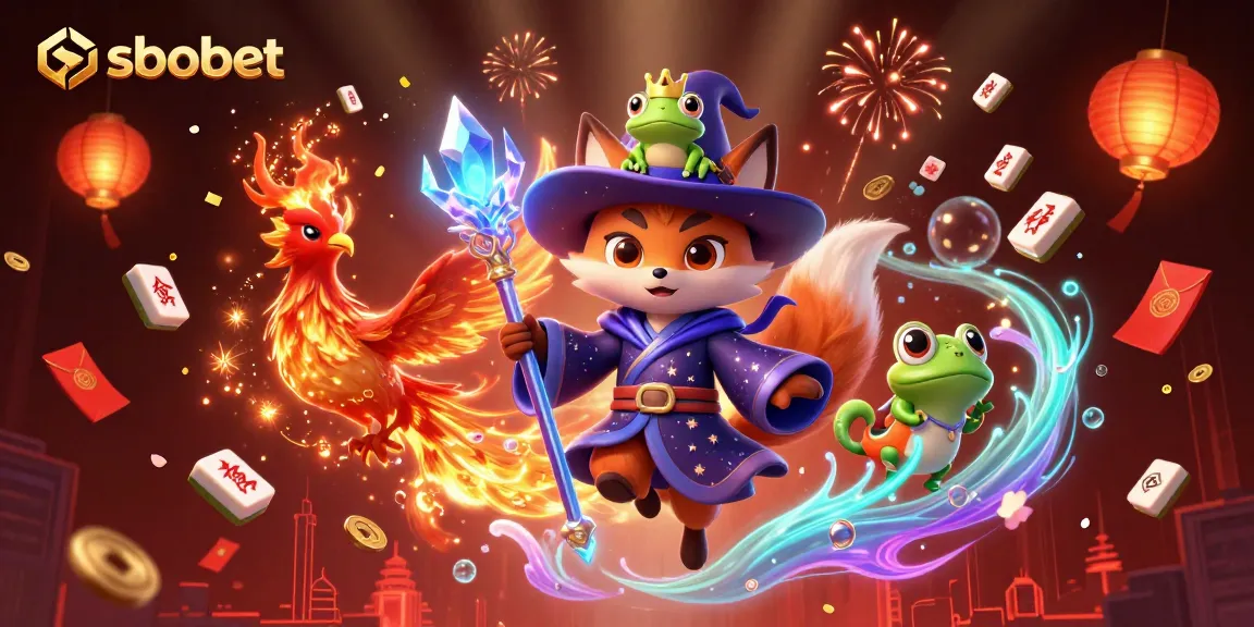 Engage in sbobet gaming with a mystical wizard fox, phoenix, and enchanted frog in a vibrant 3D casino scene.