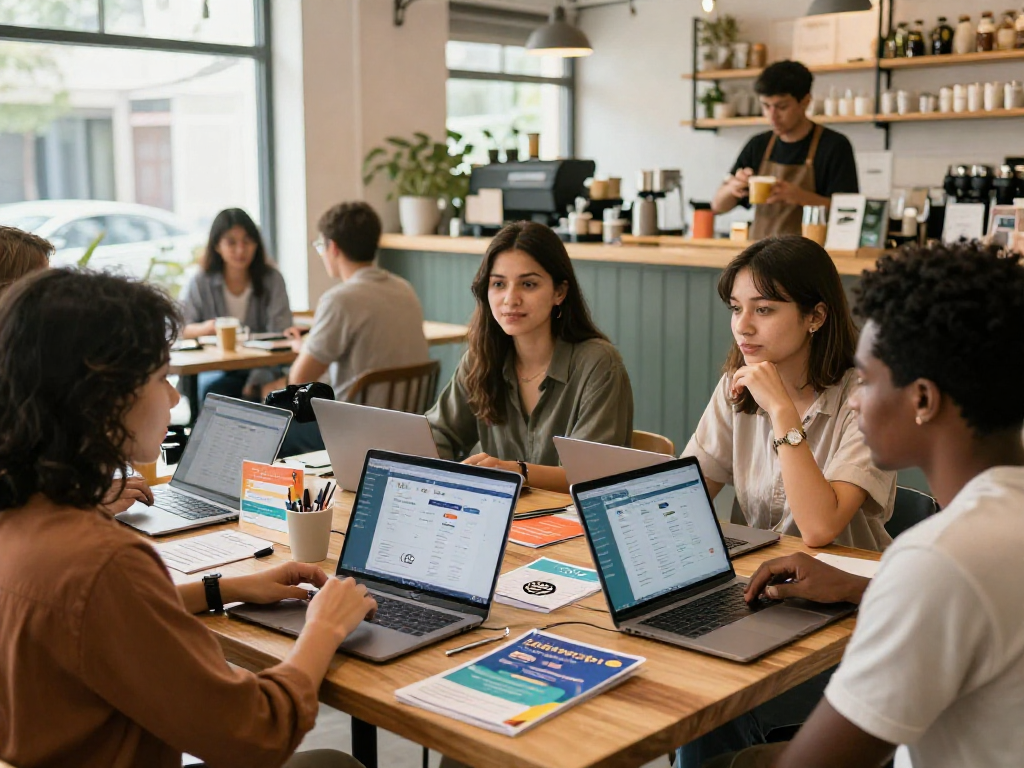 Diverse business owners collaborating on loyalty program strategies in a vibrant café setting.