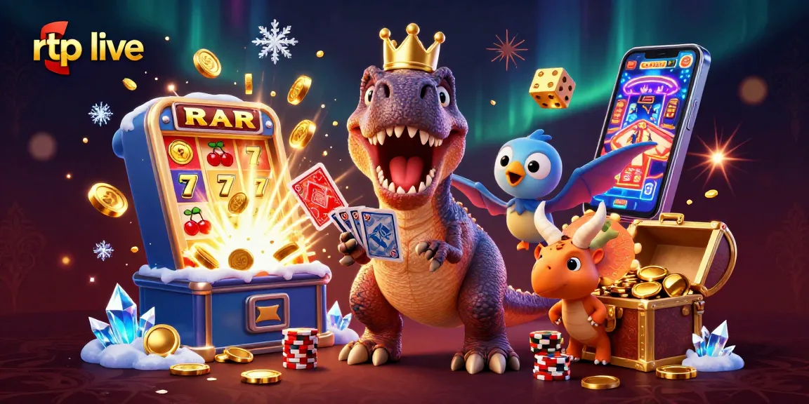 rtp live showcases a T-Rex shuffling cards in a vibrant casino scene filled with jackpots.