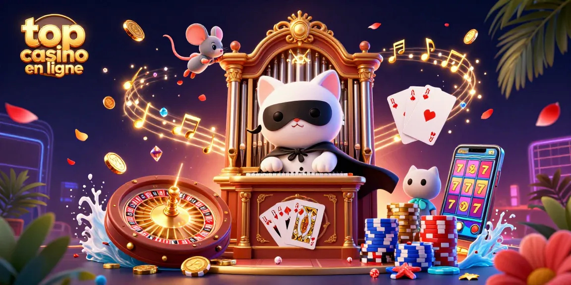 Illustration dynamique de casino mettant en scène un meilleur casino en ligne avec un chat fantomatique.