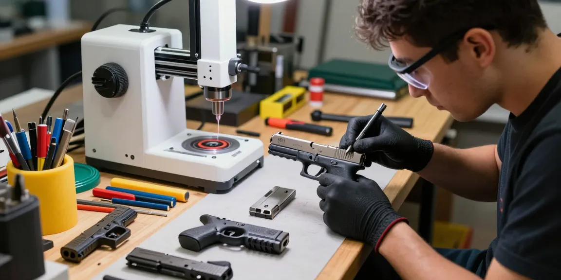 Precision Glock slides customization process at https://precisionglockslides.com with skilled gunsmith and tools.