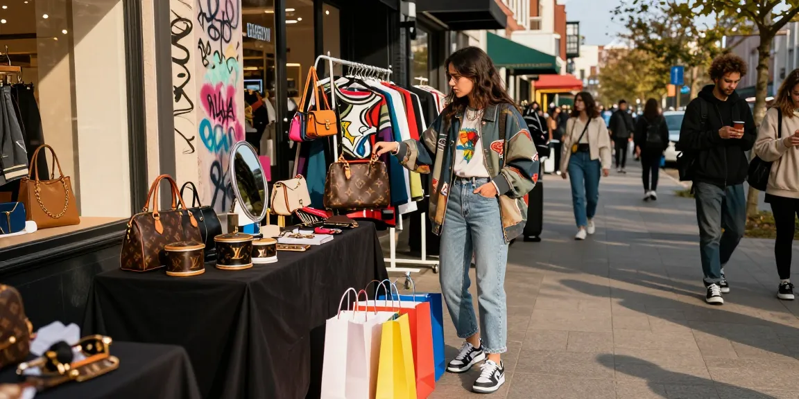 Young woman exploring stylish 레플리카 accessories in urban pop-up shop