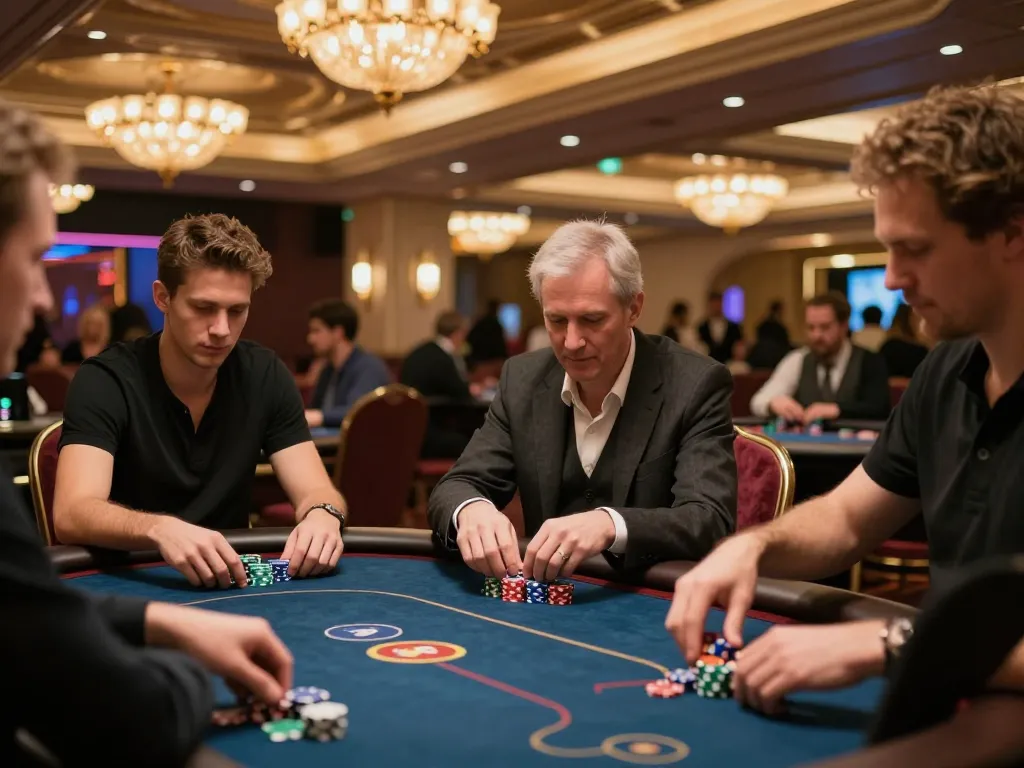 iWin players engaging in intense poker action at a luxury casino table with warm ambient lighting.