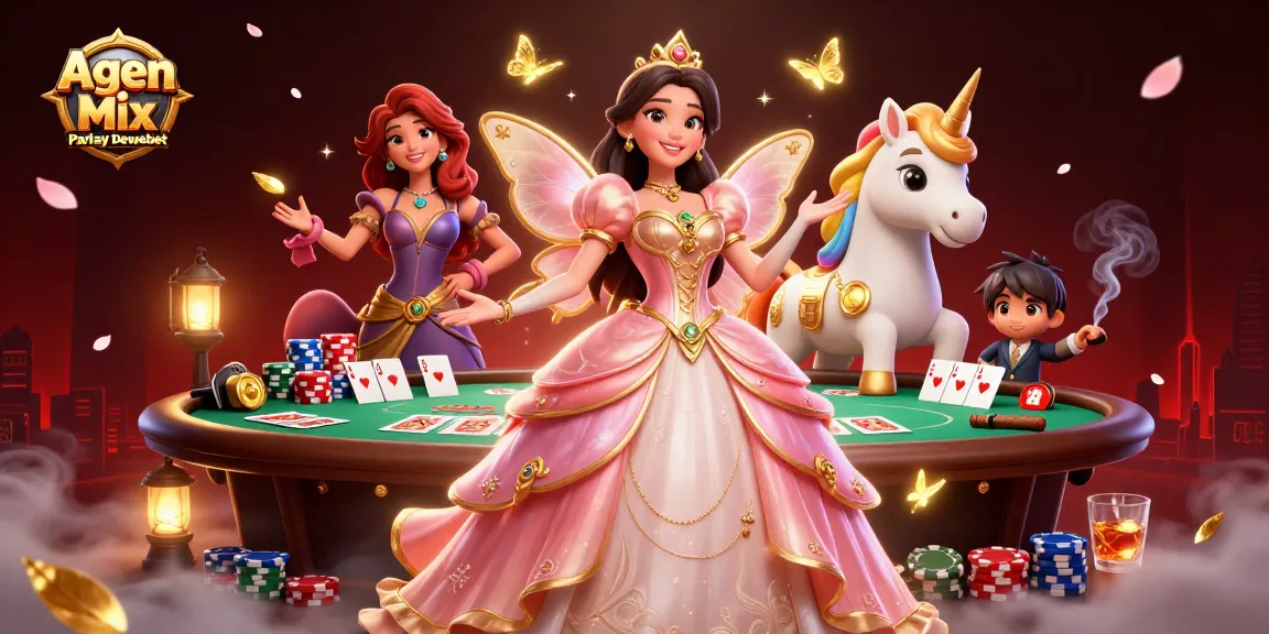 Place bets with Agen Mix Parlay Dewabet, showcasing a glamorous woman and golden unicorn in a vibrant casino scene.