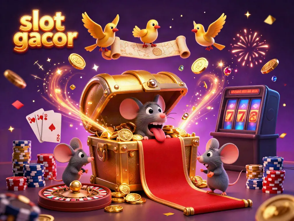 Engage with slot gacor excitement in an animated scene featuring golden treasures and lively game elements.