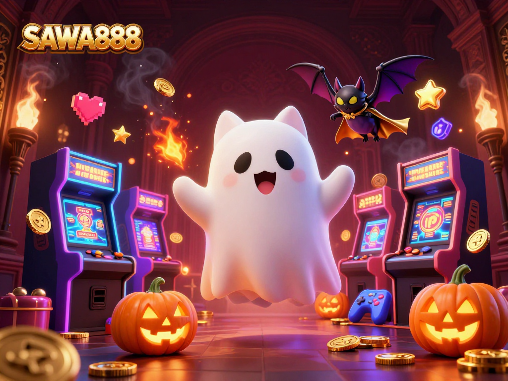 Engage with fun at SAWA888, featuring a ghost cat and bat in a casino filled with slot machines.