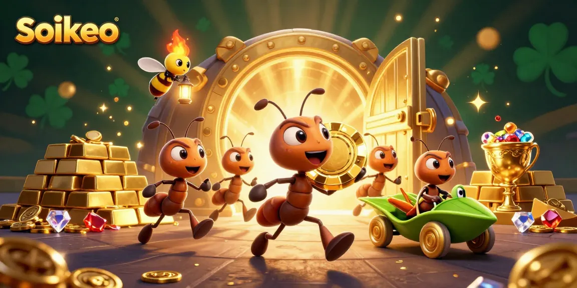 Join the soikeo heist in a vibrant, action-packed 3D illustration of ants carrying a giant poker chip.