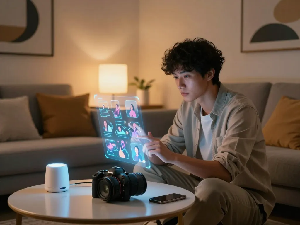 Interactive scene showcasing ai sex technology at home with a person using a holographic interface, representing advanced intimacy.