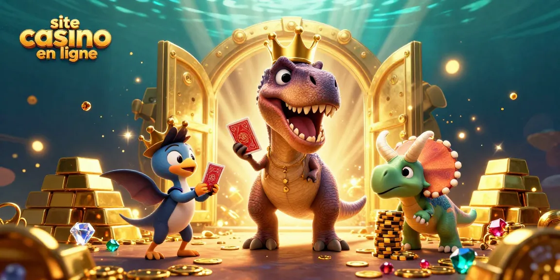 Jouer sur un site casino en ligne avec un T-Rex et amis dans une scène pleine de trésors.