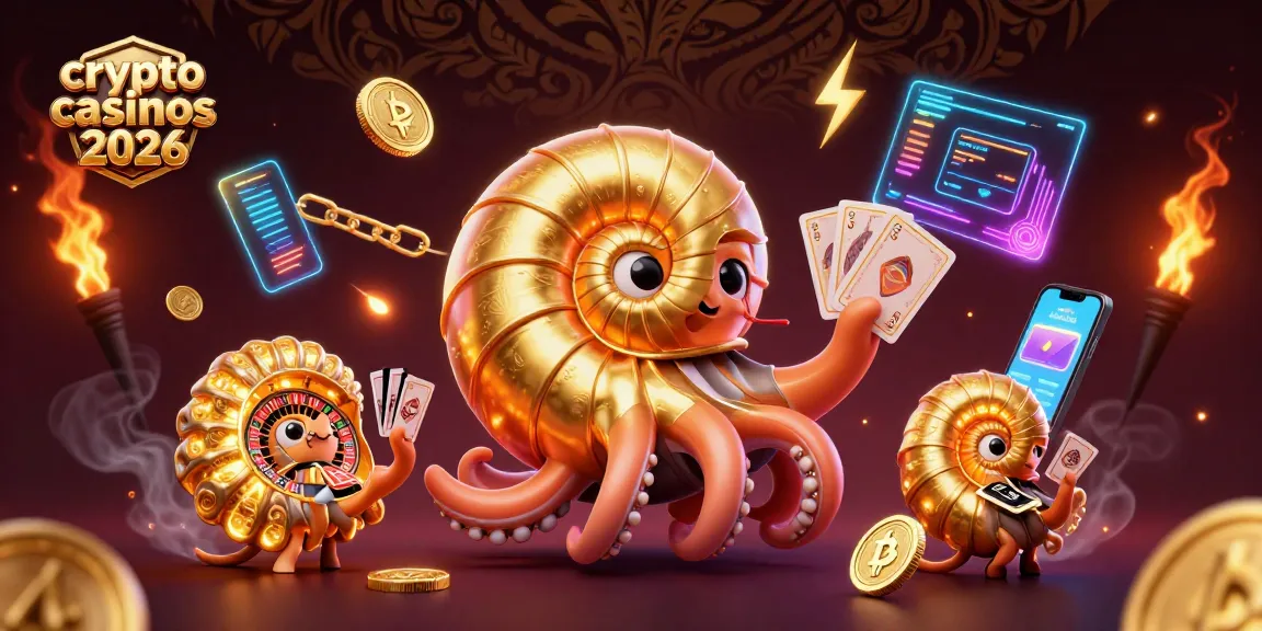 Explorez les crypto casinos 2026 avec un nautilus géant et des pièces de monnaie Bitcoin scintillantes.