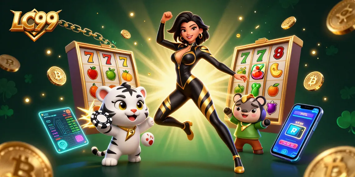 Experience thrilling gameplay with LC99 in this vibrant casino scene featuring slot reels and crypto elements.